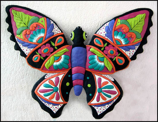 Decorative Butterfly Wall Hanging - Hand Painted Metal Tropical Garden Decor - 19" x 24"
